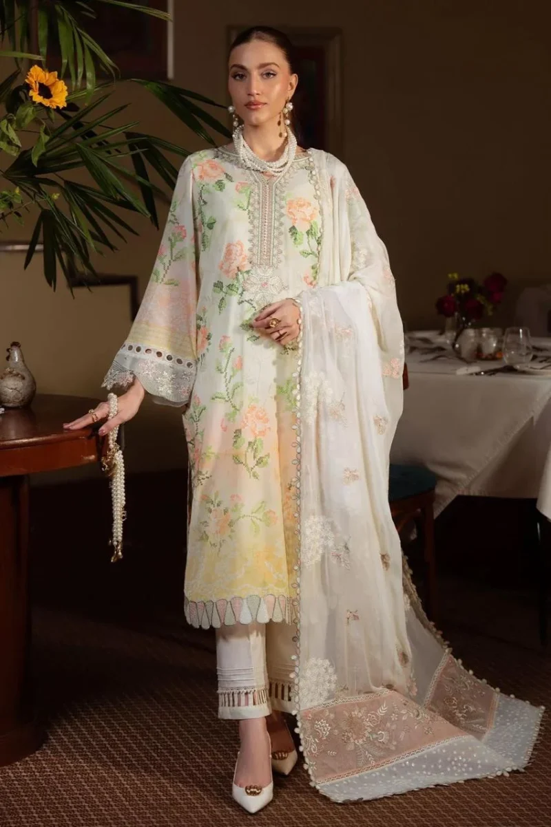 Nureh brand Luxury Unstitched 3 Piece Lawn Suit With Heavy Pallu Dupatta